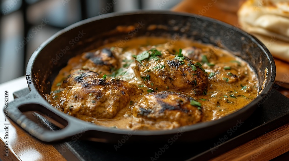 Chicken curry dish, skillet, restaurant, dining, close up, food Chicken curry dish, skillet, restaurant, dining, close up, food