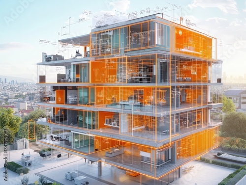 Architectural Cross Section Visualization Of Modern Glass Building With Orange Highlights And Blurred Cityscape Background