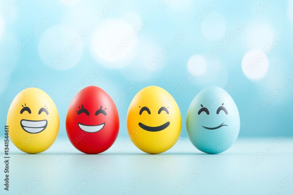 Colorful Easter eggs with happy emoji faces on bright blue background, fun and cheerful holiday decoration Colorful Easter eggs with happy emoji faces on bright blue background, fun and cheerful holiday decoration