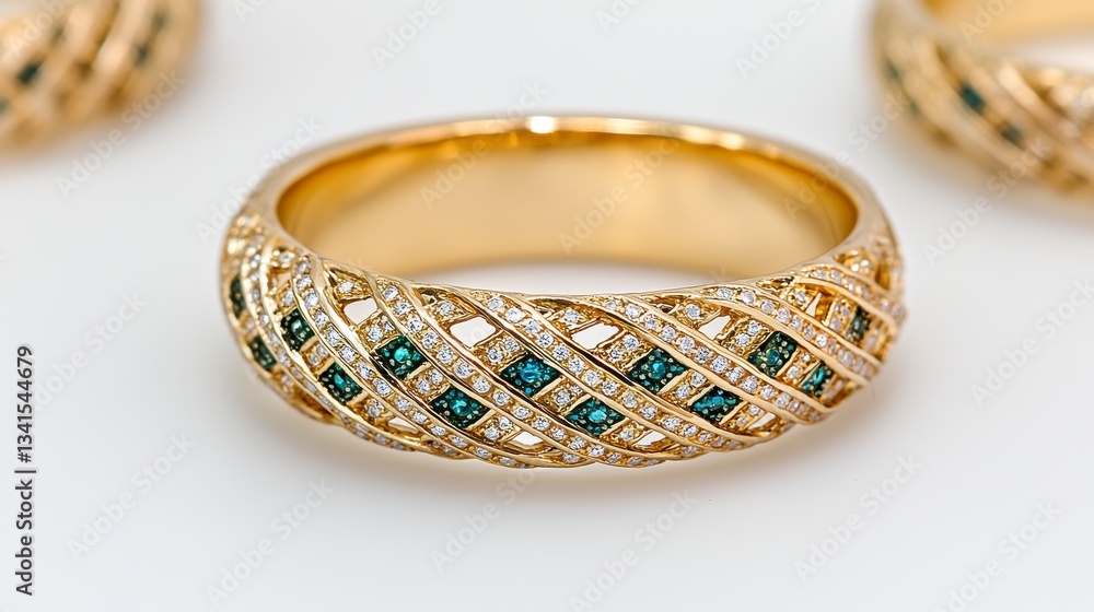 Gold Ring with Woven Design and Green Gemstones Gold Ring with Woven Design and Green Gemstones