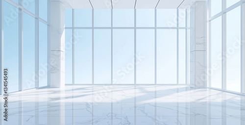 empty white room with windows. Modern interior with floor-to-ceiling windows minimalist design elements.