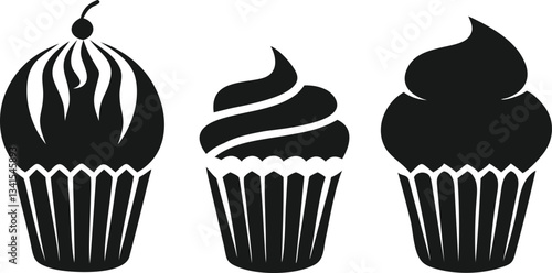 A set of six black silhouette cupcakes, each with a different frosting design.