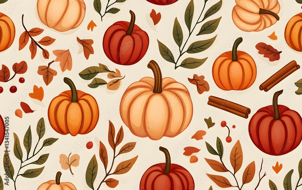 Autumn harvest pattern featuring cozy pumpkins, apples, cinnamon sticks, and warm seasonal colors Autumn harvest pattern featuring cozy pumpkins, apples, cinnamon sticks, and warm seasonal colors