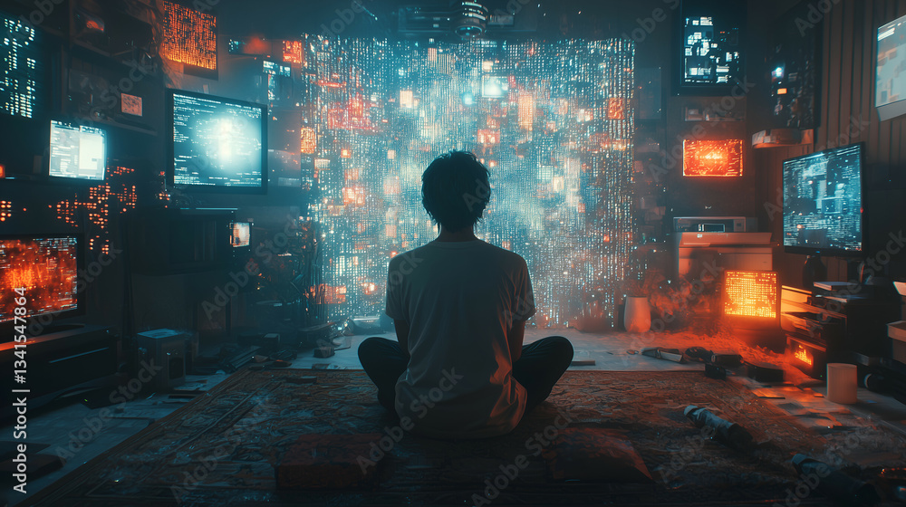 © Kootenay - Immersive Digital Art: Experience Futuristic Cyber Aesthetic in a Modern Living Room with Vibrant Colors and Contrasting Screens © Kootenay - Immersive Digital Art: Experience Futuristic Cyber Aesthetic in a Modern Living Room with Vibrant Colors and Contrasting Screens