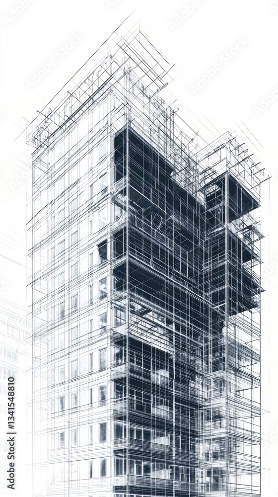 Architectural Sketch of a Modern High-Rise Building Featuring Detailed Lines and Structural Framework in White Architectural Sketch of a Modern High-Rise Building Featuring Detailed Lines and Structural Framework in White