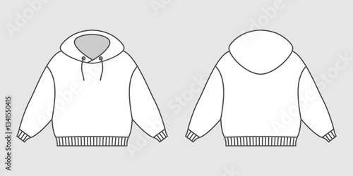 Hoodie template with sleeves front and back view. Stylish white unisex with hood for everyday wear and sports