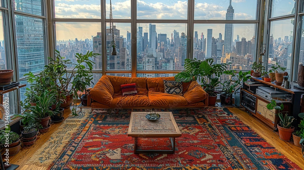 Obraz premium Urban penthouse living room with city view