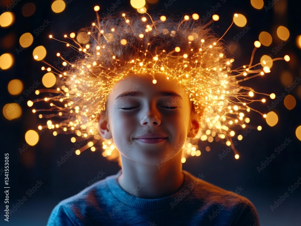 Profile view of a young boy with glowing brain, symbolizing the digital transformation and neural connections in artificial intelligence and cognitive technology Profile view of a young boy with glowing brain, symbolizing the digital transformation and neural connections in artificial intelligence and cognitive technology