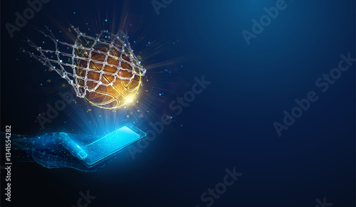 Low Poly Basketball Ball Falling to Net Scoring Points over Smartphone in Hand.Abstract geometric illustration on basketball game sports mobile application concept by wireframe mesh on blue background
