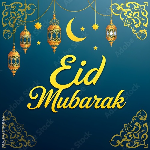 Elegant Eid Mubarak Greeting Card with Golden Arabic Calligraphy, Lanterns, Moon, and Islamic Patterns