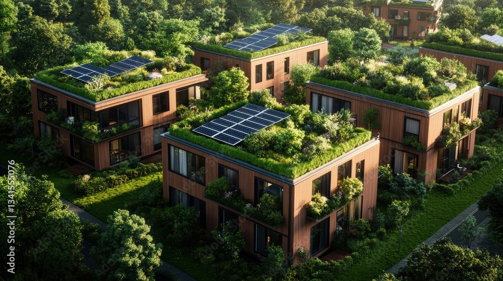 Fototapeta premium Aerial view of eco-friendly multi-story buildings with solar panels and green roofs surrounded by lush green landscape promoting sustainability and nature