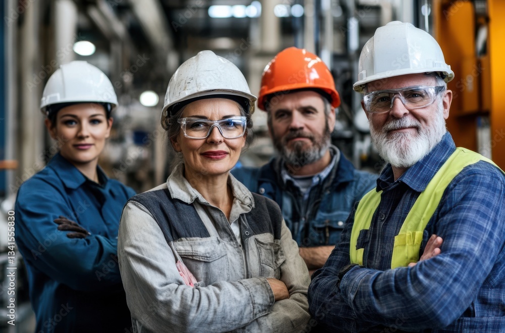 Group of senior industrial workers posing in a manufacturing Group of senior industrial workers posing in a manufacturing