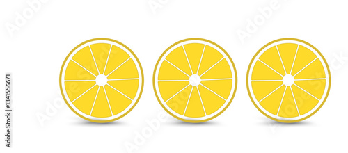 Set of three yellow pieces slut of fresh lemons fruit with green leaf, a fresh juicy lemon and refreshing citrus appeal. vector and illustration