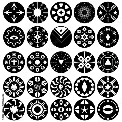 abstract brutalism vector set, geometric shape design element, circle, flower, ancient, retro. abstract circle geometric vector element