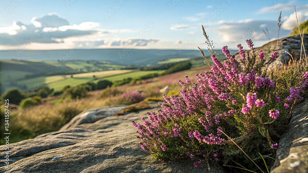 Obraz premium Scenic Countryside Landscape with Rolling Hills and Blooming Heather at Sunset