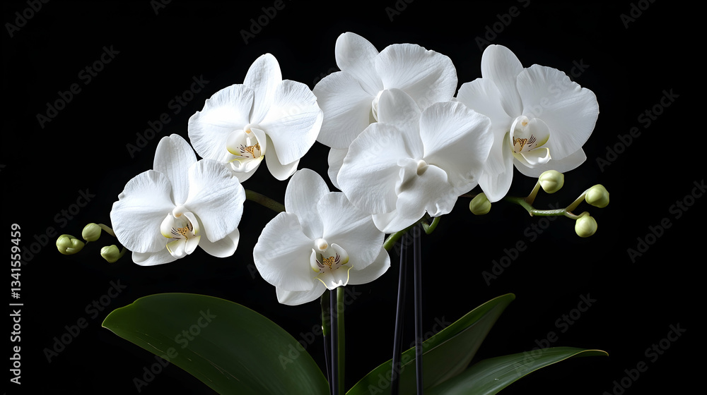 Obraz premium A cluster of elegant white orchid flowers with delicate petals and yellow centers, against a dark background. 