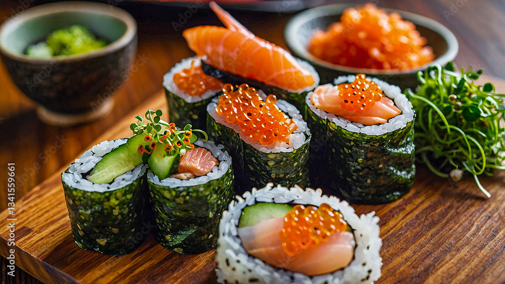 Vibrant Salmon Sushi Rolls with Fresh Garnishes Displayed Vibrant Salmon Sushi Rolls with Fresh Garnishes Displayed