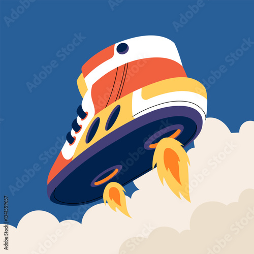 A futuristic sneaker with rocket boosters propelling through the sky, symbolizing innovation in wearable technology