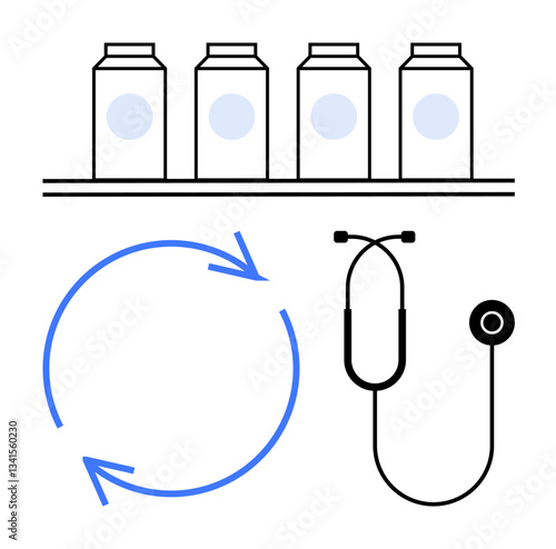 Stethoscope, circular recycling arrows, and medicine jars on a shelf. Ideal for healthcare, sustainability, medical procurement, pharmaceuticals, logistics recycling innovation. Flat simple