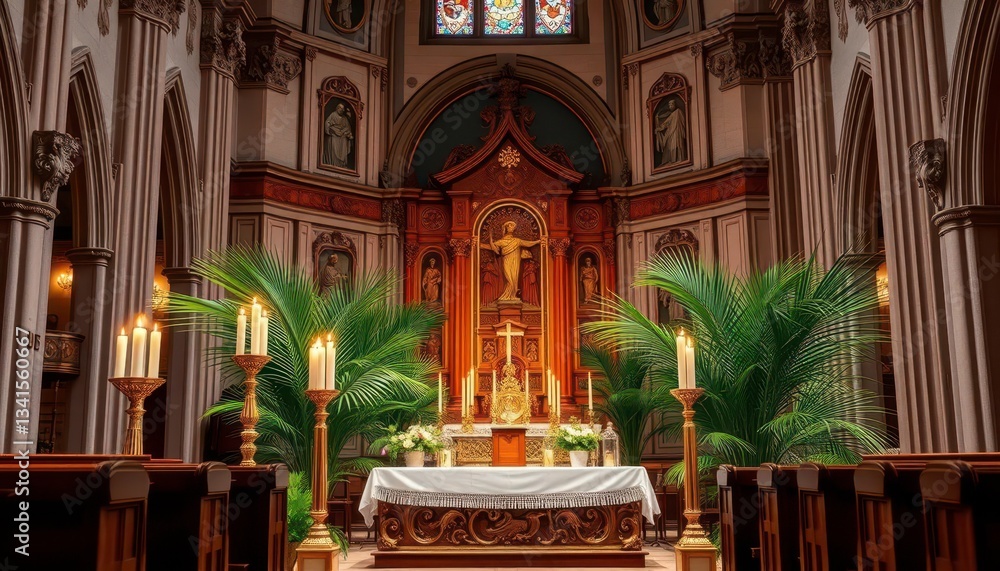 Obraz premium Elegant church altar, candles & palm branches, Palm Sunday celebration, Christ, religious