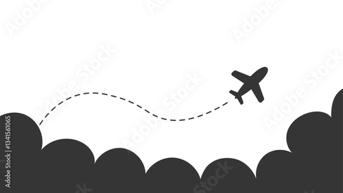 An airplane silhouette flying above clouds, leaving a dotted trajectory line behind it. Minimalist black illustration. 
