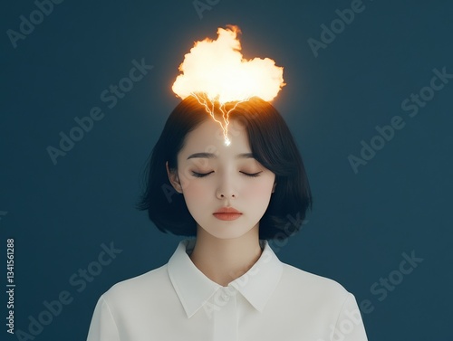 Woman with glowing neural elements representing brain activity, visualizing technology driven solutions and future digital empowerment