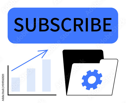 Subscribe button in bold, upward-trending chart for growth, settings folder for customization. Ideal for subscription, marketing, analytics, engagement, content curation optimization strategy. Flat