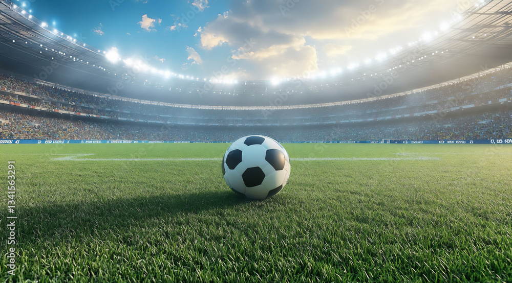 Naklejka premium soccer stadium with a ball on a grass field and fans in the stands under a