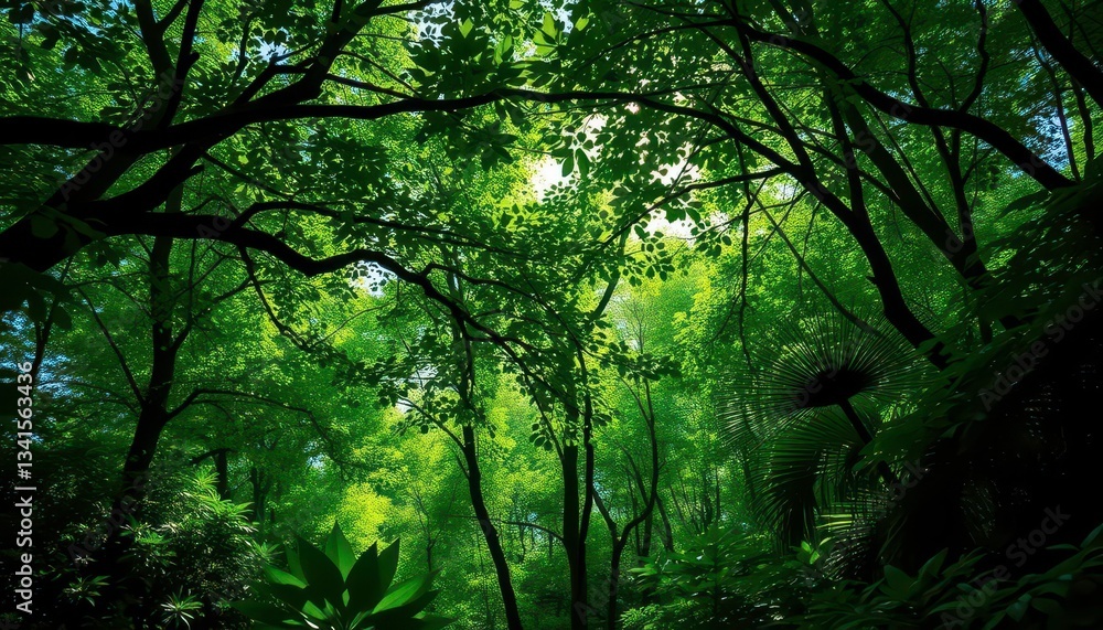Emerald canopy, dappled sunlight on lush vegetation, dense, environment Emerald canopy, dappled sunlight on lush vegetation, dense, environment