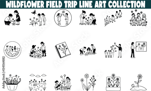 Wildflower Field Trip Line Art Nature, Children, Botanical Illustrations