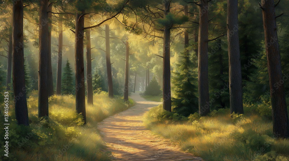 Obraz premium Calm jogger's path winding through tranquil forest scenery with dappled sunlight and serene atmosphere abundantly