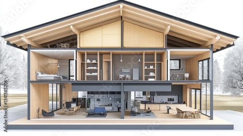 Cross Sectional View Of Modern Wooden House Displaying Interior Design With Furniture And Surrounding Trees