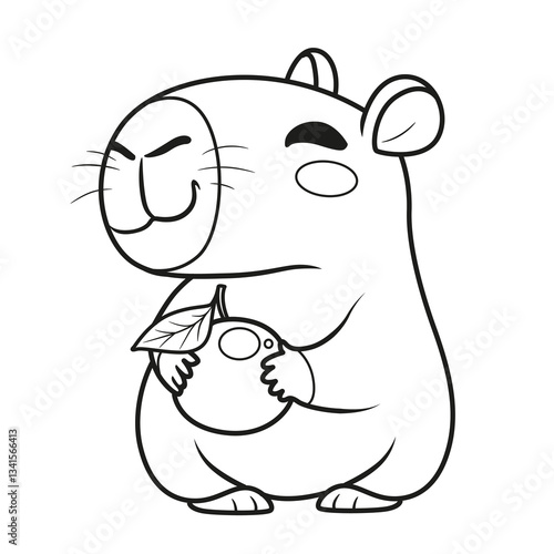 Cute cartoon capybara holds a tangerine with leaf in paws outlined for coloring page on white background
