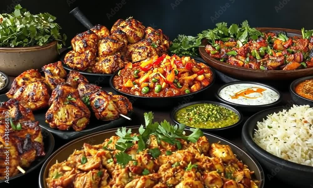 Aromatic Indian Feast: A Delicious Spread of Chicken Tikka, Curries, and Rice Aromatic Indian Feast: A Delicious Spread of Chicken Tikka, Curries, and Rice