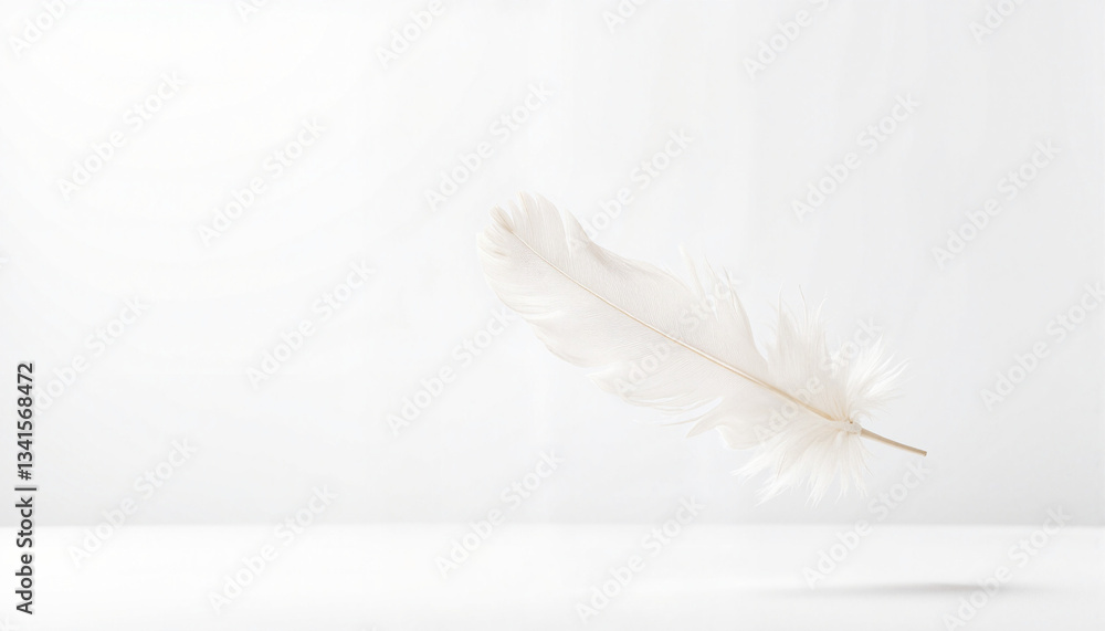 Obraz premium Single white feather falling gently against bright background, peace