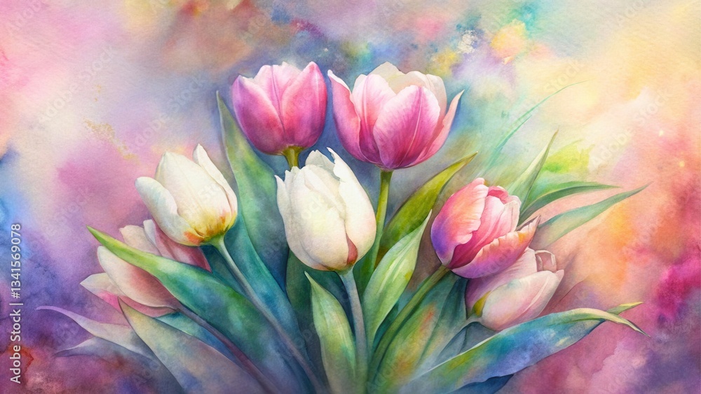 A vibrant watercolor painting of a bouquet of tulips in various colors against a soft, colorful background. A vibrant watercolor painting of a bouquet of tulips in various colors against a soft, colorful background.