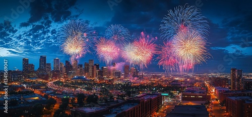 Spectacular fireworks display over Denver city skyline at twilight celebration