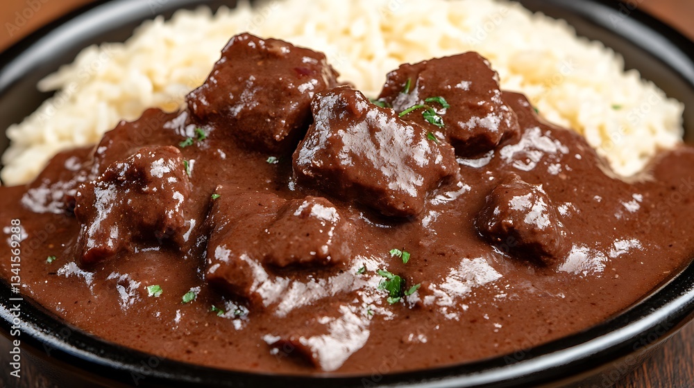 Stew with rice dish on a plate, food serving Stew with rice dish on a plate, food serving