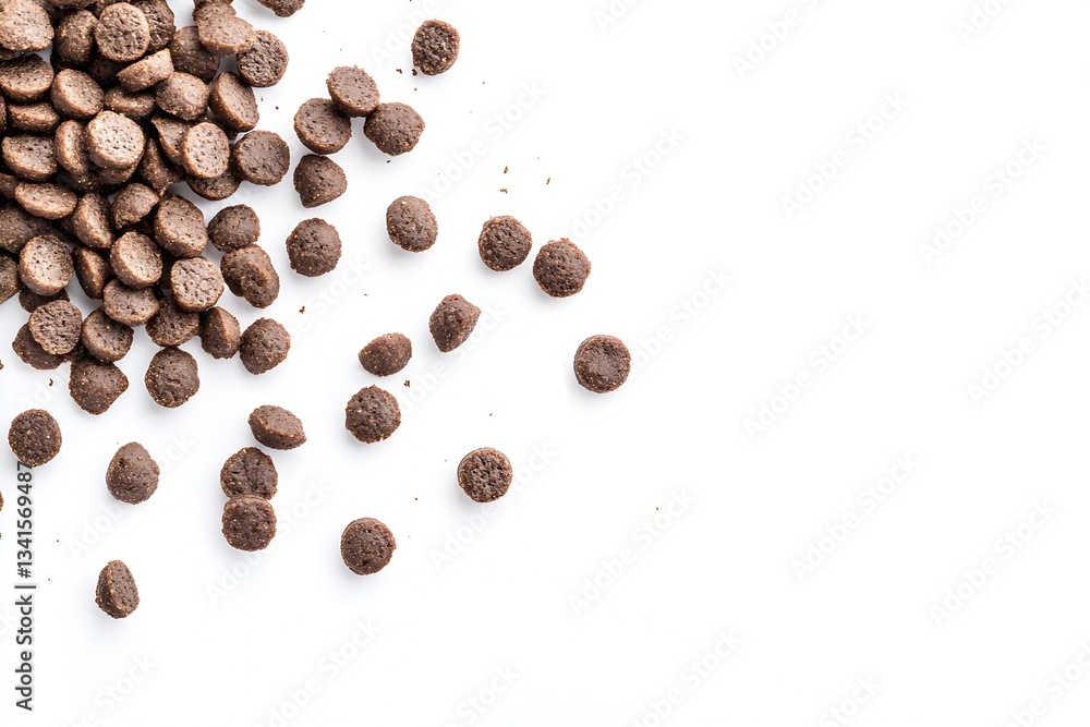 Close-up view of scattered dry pet food kibbles on a white background : Generative AI Close-up view of scattered dry pet food kibbles on a white background : Generative AI