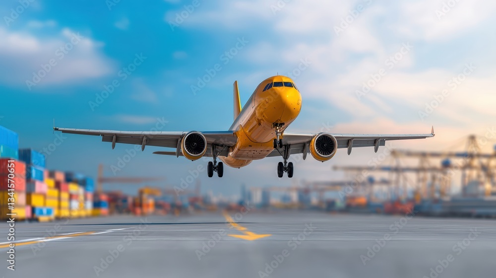 Fototapeta premium Spectacular sunset takeoff, airplane ascends from airport runway into the vibrant evening sky