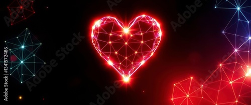 Glowing heart shape formed by light beams, intricate geometric patterns overlayed on a dark backdrop, pattern,  minimal