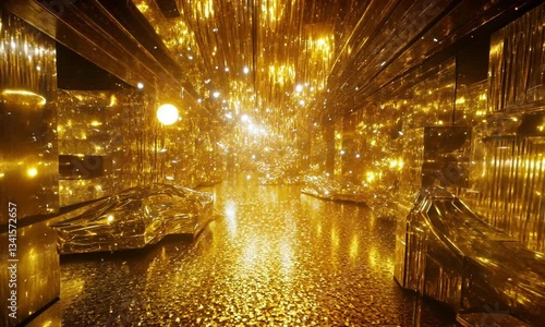 Golden Corridor of Light: A Dazzling 3D Render of a Luxurious, Glittering Gold Tunnel