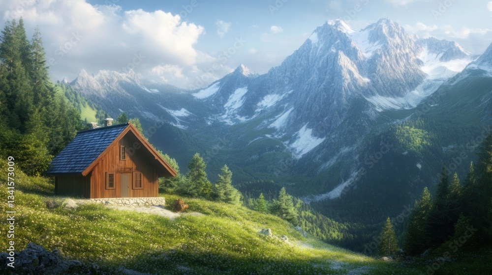 Obraz premium Idyllic mountain cabin set against snow-capped peaks offering a quiet escape