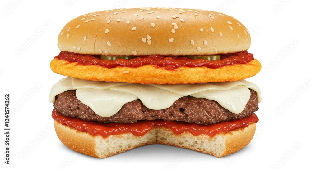 Focus on Layers - Bun, Patty, Pizza Sauce, Cheese Focus on Layers - Bun, Patty, Pizza Sauce, Cheese