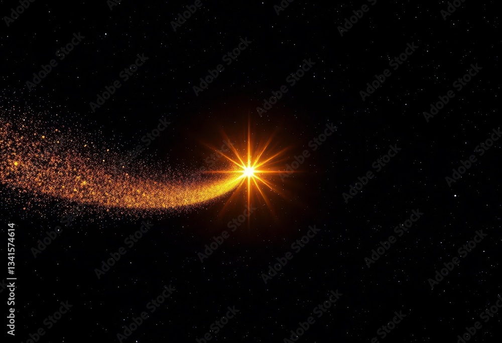 Obraz premium Golden glitter wave washes over a single, radiant star, cosmic dust trails behind, texture, light