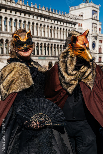 Carnival in Venice: Elegant Couple in Masks and Costumes