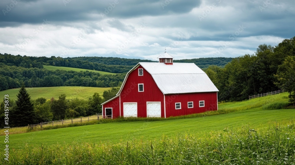 Obraz premium Picturesque Red Barn in a Rolling Green Landscape