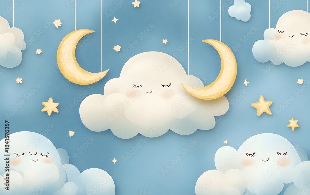 Fluffy clouds with sleepy crescent moons and twinkling stars in soft baby blue and pastel shades