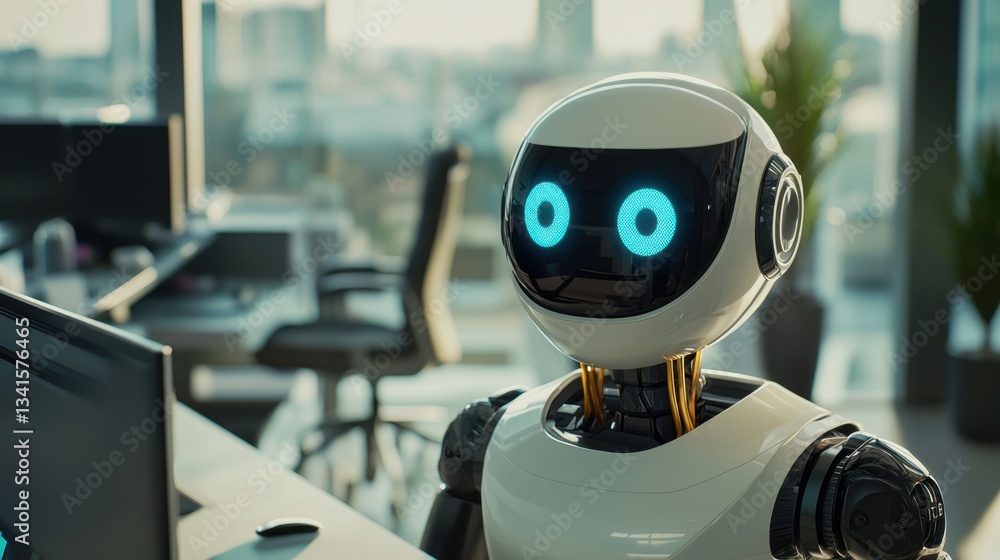 A sleek AI-powered humanoid robot interacting with a digital screen, assisting employees in a modern corporate office.