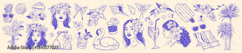 Tropical summer doodle set, vector Hawaii island vacation sticker, woman portrait, exotic flower. Ocean rest travel graphic, party cocktail illustration, palm tree, butterfly. Holiday summer doodle